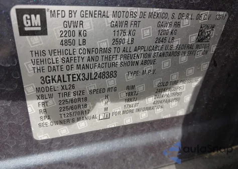 2018 GMC Terrain Sle из США, поврежденный, VIN 3GKALTEX3JL248383